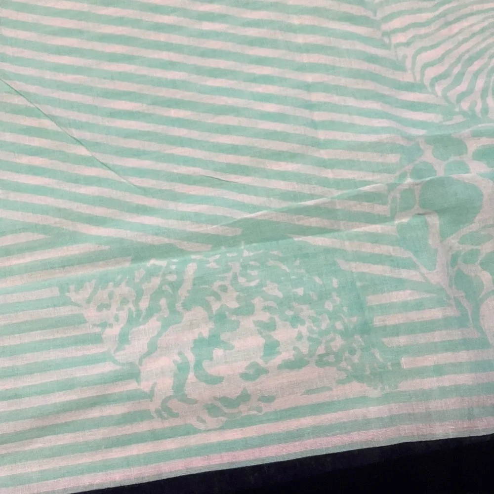 Striped light scarf Aqua Green and White dark Navy‎ trim